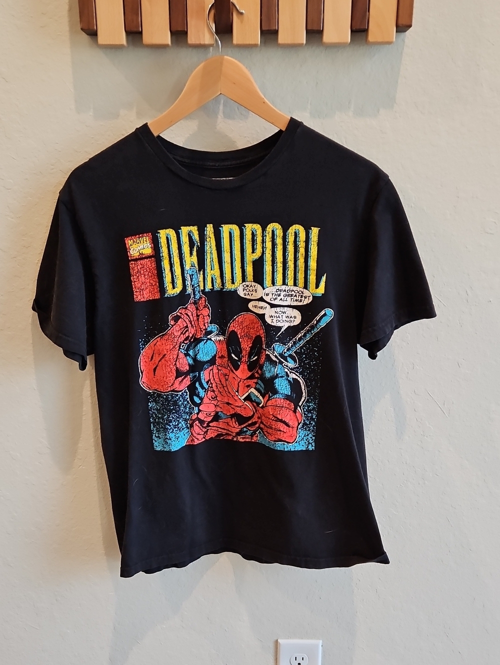 Marvel Black Deadpool Tee with Red, Blue & Yellow Comic Graphic